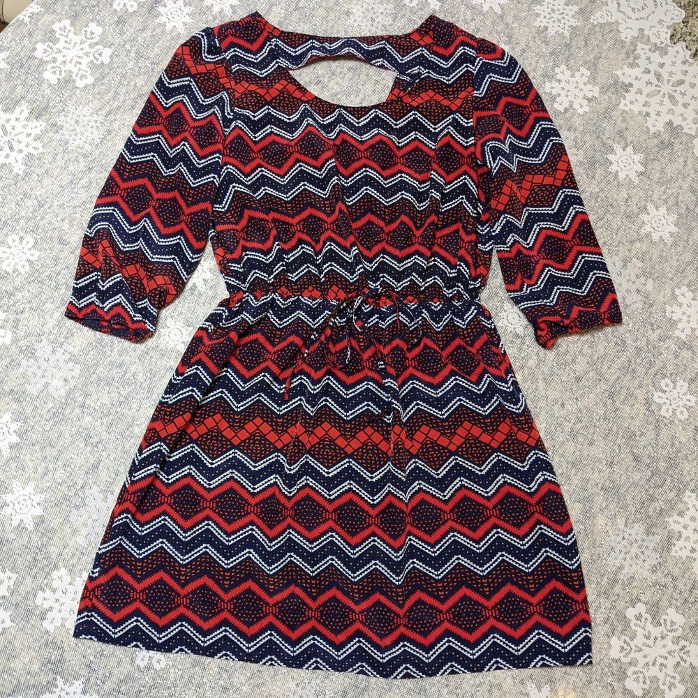 BeBop Geometric Design Dress with Sexy Back Cut-Out & 3/4 Sleeves size L